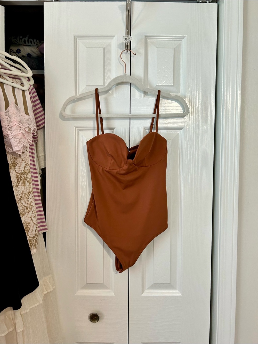 Express Rust Brown Strapless-Style Bodysuit